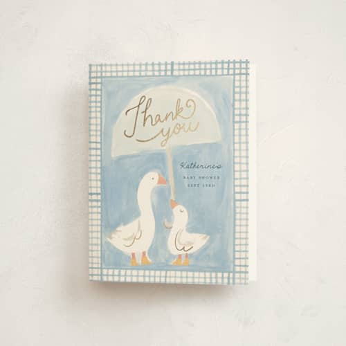 This is a raindrop baby shower thank you cards with foil pressed by Teju Reval called little goose printing on strathmore in standard