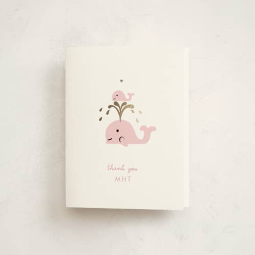 This is a baby pink baby shower thank you cards with foil pressed by mo kelley called baby whale on the way printing on strathmore in standard