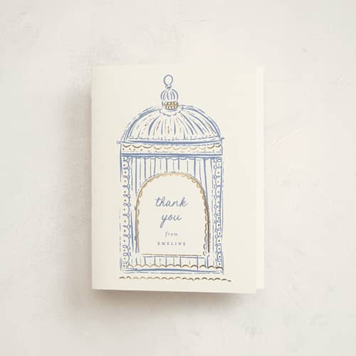 This is a bluebell baby shower thank you cards with foil pressed by Gwen Bedat called birdie printing on strathmore in standard