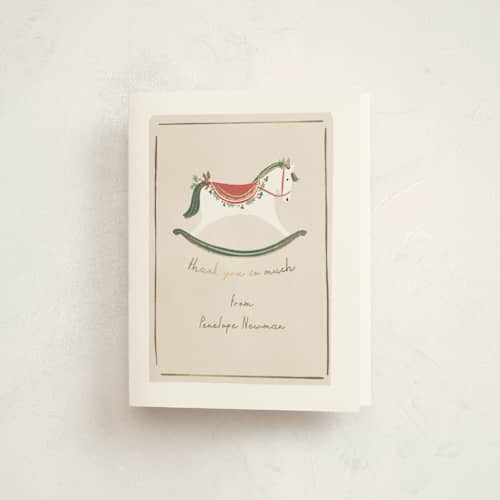 This is a eggnog baby shower thank you cards with foil pressed by Rebecca Durflinger called festive rocking horse printing on strathmore in standard