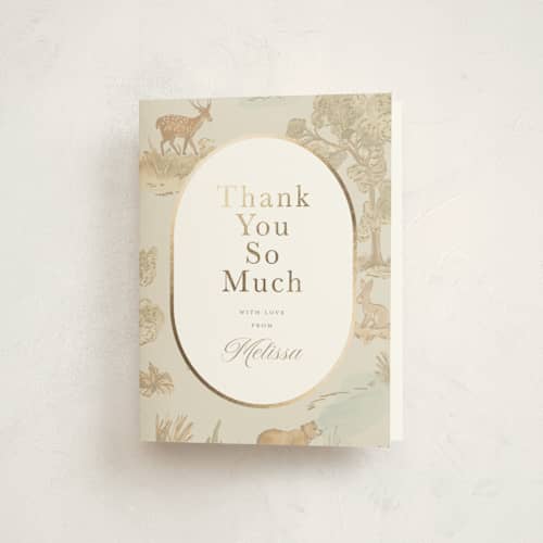 This is a bamboo baby shower thank you cards with foil pressed by Teju Reval called woodland animals toile printing on strathmore in standard