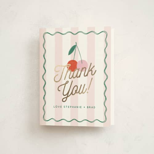 This is a petal baby shower thank you cards with foil pressed by Kiersten Garner called tiny cherry on top printing on strathmore in standard