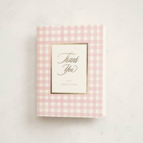 This is a cotton candy baby shower thank you cards with foil pressed by Creo Study called classic gingham printing on strathmore in standard