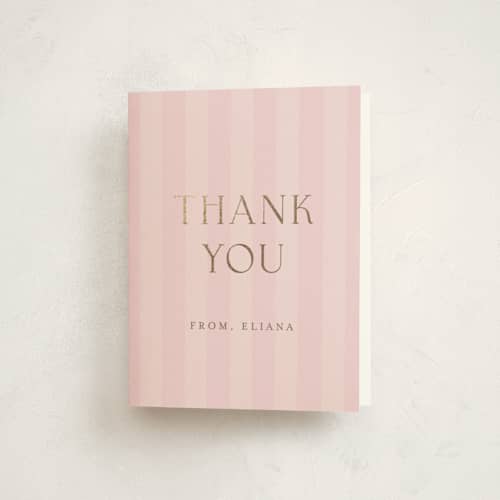 This is a rose baby shower thank you cards with foil pressed by Angela Thompson called baby stripes printing on strathmore in standard