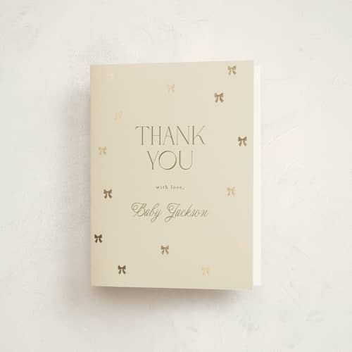 This is a vanilla baby shower thank you cards with foil pressed by Vera Lim called mini bows printing on strathmore in standard