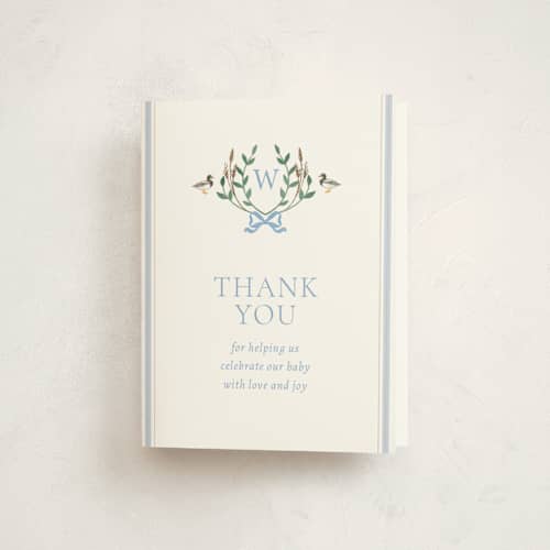 This is a powder baby shower thank you cards with foil pressed by Rebecca Marchese called southern mallard duck printing on strathmore in standard