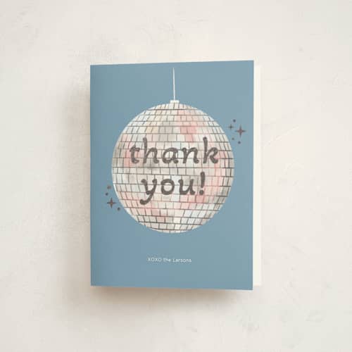 This is a cobalt baby shower thank you cards with foil pressed by Janna Sue Design called groovy baby printing on strathmore in standard