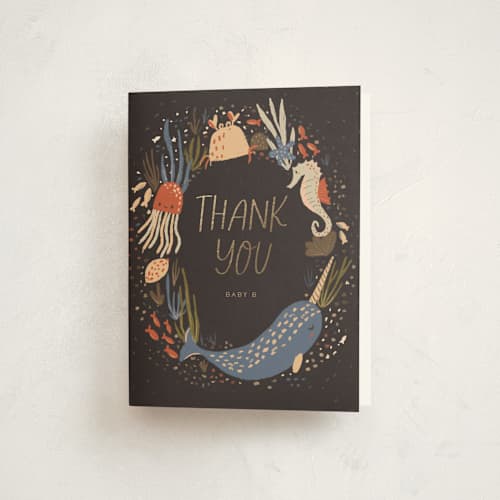 This is a midnight berry baby shower thank you cards with foil pressed by Vera Lim called under the sea printing on strathmore in standard