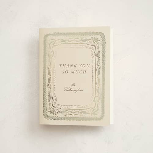 This is a buttercream baby shower thank you cards with foil pressed by Lucrecia Caporale called scallop border printing on strathmore in standard