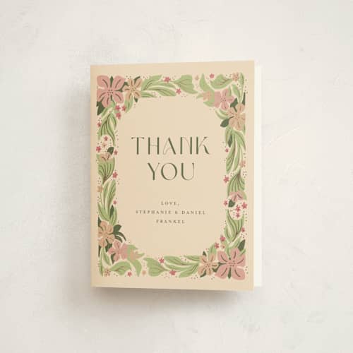 This is a petal baby shower thank you cards with foil pressed by Katie Zimpel called bright botanical border printing on strathmore in standard