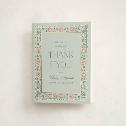 This is a sage baby shower thank you cards with foil pressed by Ana de Sousa called little love story printing on strathmore in standard