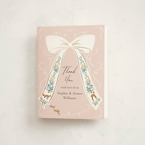 This is a petal baby shower thank you cards with foil pressed by Elly called ribbon in bloom printing on strathmore in standard