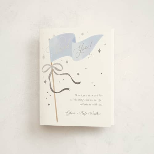 This is a baby blue baby shower thank you cards with foil pressed by Paper Raven Co. called bows & banners printing on strathmore in standard