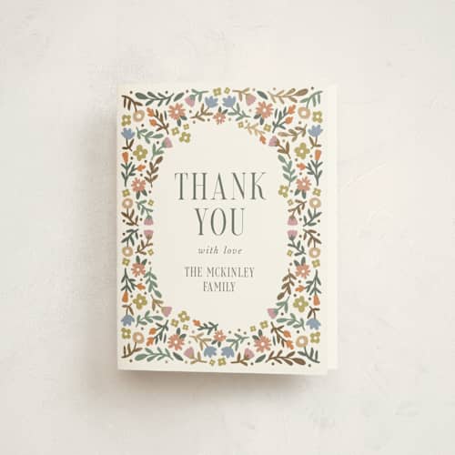 This is a garden baby shower thank you cards with foil pressed by Kelly Watkins called floral archway printing on strathmore in standard