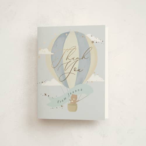 This is a powder baby shower thank you cards with foil pressed by Hannah Williams called little explorer printing on strathmore in standard