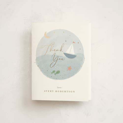 This is a pond baby shower thank you cards with foil pressed by Jen Tips called set sail printing on strathmore in standard
