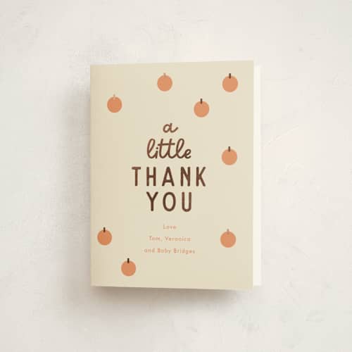 This is a pumpkin baby shower thank you cards with foil pressed by Baumbirdy called a little pumpkin printing on strathmore in standard