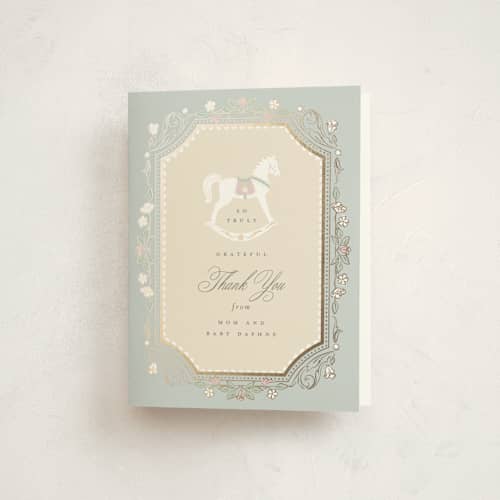 This is a pastel toile baby shower thank you cards with foil pressed by Ana de Sousa called le cheval d’enfance printing on strathmore in standard