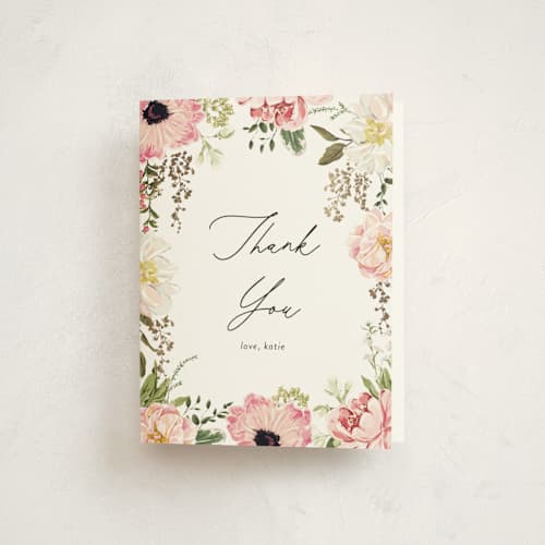 This is a peony baby shower thank you cards with foil pressed by Susan Moyal called timeless blooms printing on strathmore in standard