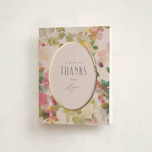 This is a wild berry baby shower thank you cards with foil pressed by Lori Wemple called floral jewels printing on strathmore in standard
