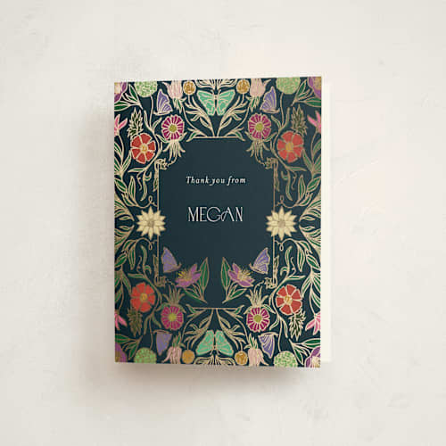 This is a midnight garden baby shower thank you cards with foil pressed by Simona Camp called gilded tapestry printing on strathmore in standard