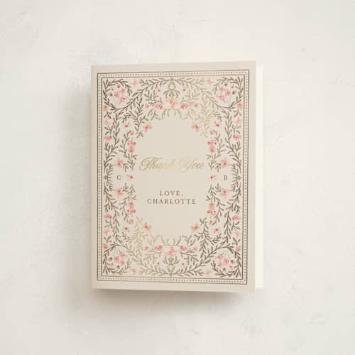 This is a versailles baby shower thank you cards with foil pressed by Claudia Orengo called victorian printing on strathmore in standard