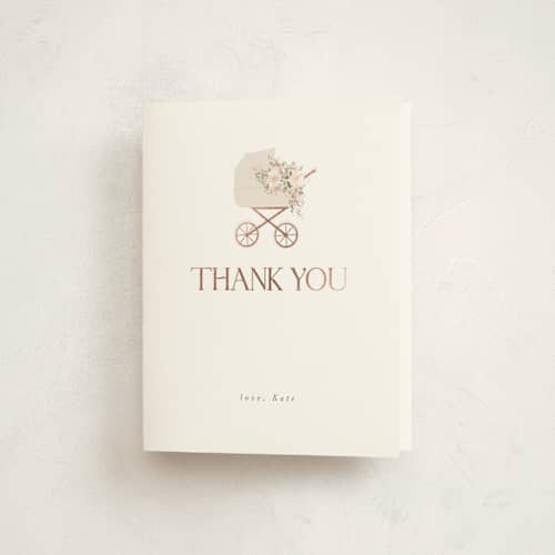 This is a dusty rose baby shower thank you cards with foil pressed by Itsy Belle Studio called baby carriage printing on strathmore in standard