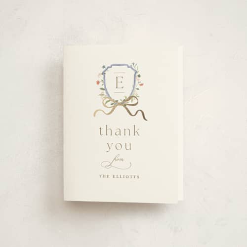 This is a icing baby shower thank you cards with foil pressed by Everett Paper Goods called floral crested printing on strathmore in standard