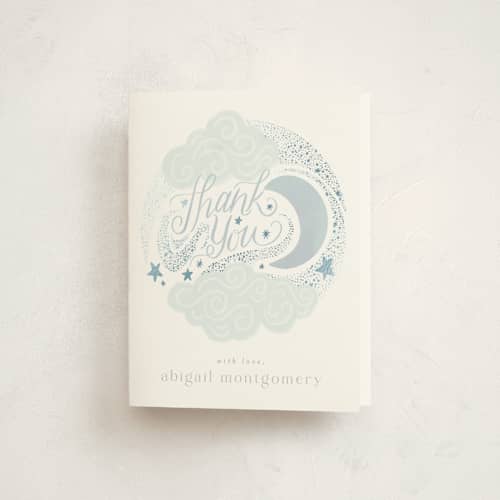 This is a celestial baby shower thank you cards with foil pressed by Joanna Griffin called over the moon printing on strathmore in standard