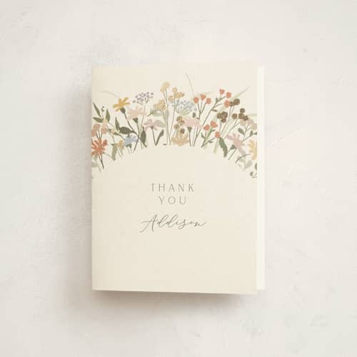 This is a vanilla baby shower thank you cards with foil pressed by Jennifer Wick called meadow flowers printing on strathmore in standard