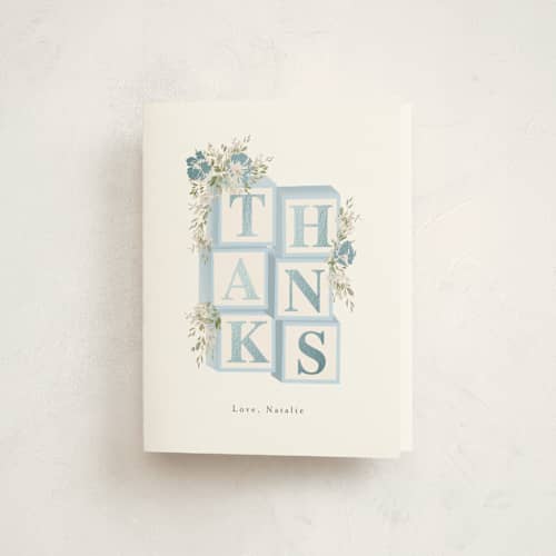 This is a baby blue baby shower thank you cards with foil pressed by Itsy Belle Studio called botanical blocks printing on strathmore in standard