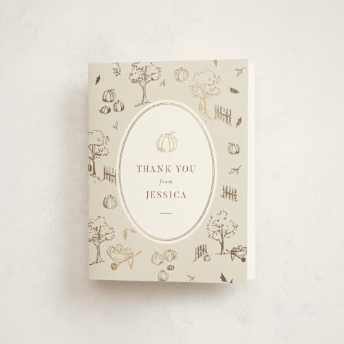 This is a acorn baby shower thank you cards with foil pressed by Rebecca Durflinger called autumn toile printing on strathmore in standard
