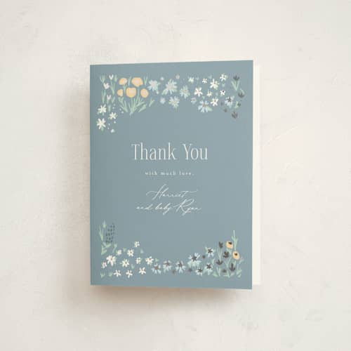 This is a bluebell baby shower thank you cards with foil pressed by Hudson meet Rose called little goose printing on strathmore in standard