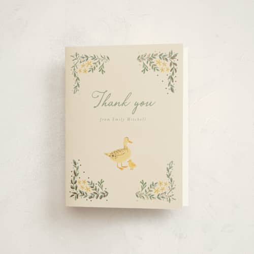 This is a vanilla baby shower thank you cards with foil pressed by frau brandt called cottage life printing on strathmore in standard