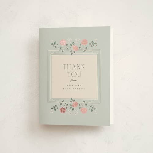 This is a antique sky baby shower thank you cards with foil pressed by Ana de Sousa called parisian roses printing on strathmore in standard