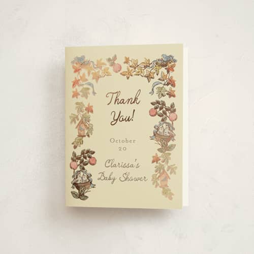 This is a ivory baby shower thank you cards with foil pressed by Becky Nimoy called autumn harvest printing on strathmore in standard