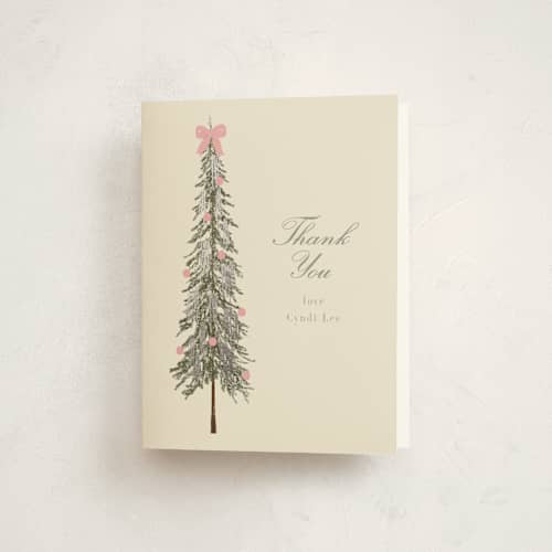 This is a peony baby shower thank you cards with foil pressed by Baumbirdy called holiday bow printing on strathmore in standard