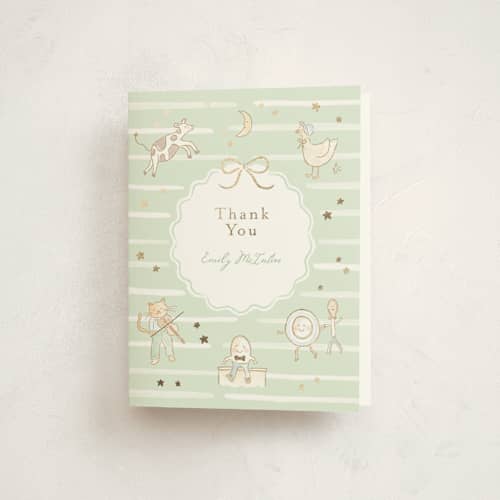This is a mint baby shower thank you cards with foil pressed by Jennifer Wick called nursery rhyme printing on strathmore in standard