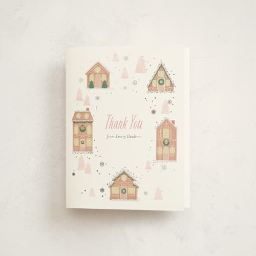This is a blush baby shower thank you cards with foil pressed by Itsy Belle Studio called gingerbread village printing on strathmore in standard