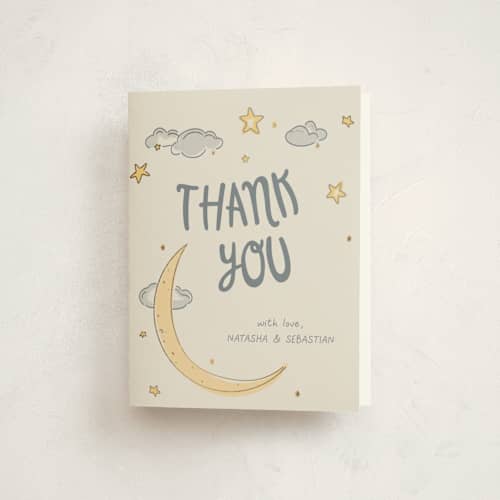 This is a happy baby shower thank you cards with foil pressed by letterfix called twinkle printing on strathmore in standard
