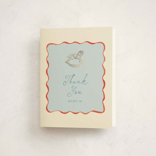 This is a powder baby shower thank you cards with foil pressed by Vera Lim called vintage horse printing on strathmore in standard