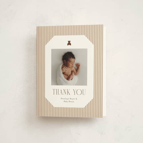 This is a beary baby shower thank you cards with foil pressed by Cindy Reynolds called teddy bear stripes printing on strathmore in standard