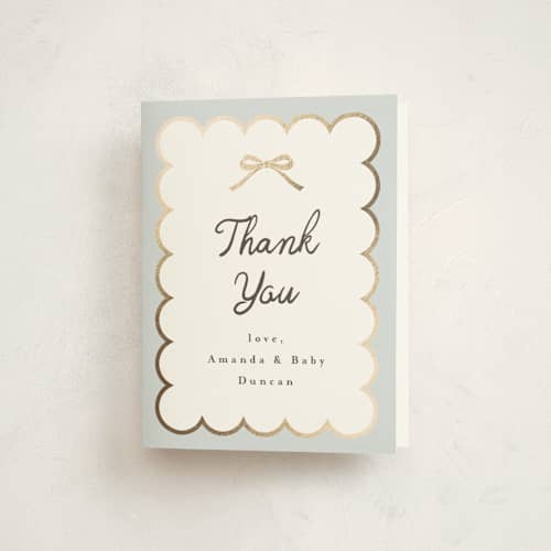 This is a sky baby shower thank you cards with foil pressed by Maria Alou called scallop & little bow printing on strathmore in standard