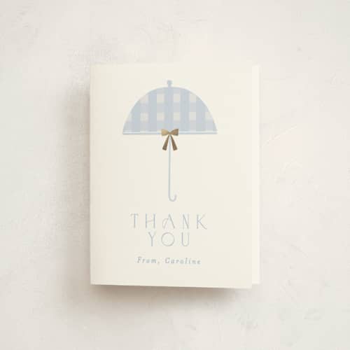 This is a sky baby shower thank you cards with foil pressed by Angela Thompson called plaid brolly printing on strathmore in standard