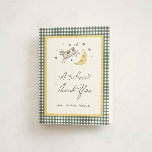 This is a dandelion baby shower thank you cards with foil pressed by Heather Schertzer called over the moon printing on strathmore in standard