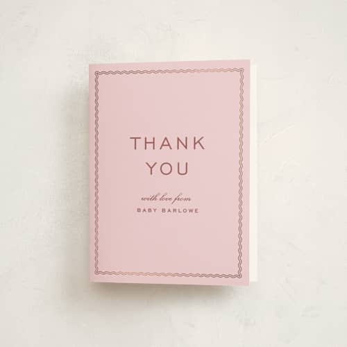 This is a bubblegum baby shower thank you cards with foil pressed by Ellen Schlegelmilch called ripple border printing on strathmore in standard