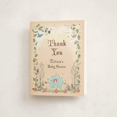 This is a peach baby shower thank you cards with foil pressed by Becky Nimoy called disney's cinderella pumpkin patch printing on strathmore in standard