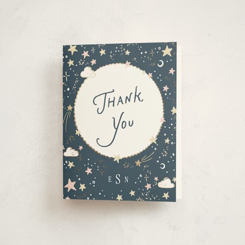 This is a celestial baby shower thank you cards with foil pressed by Leah Bisch called stellar printing on strathmore in standard