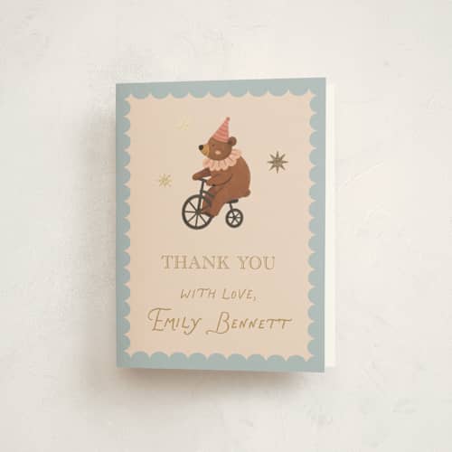 This is a mustard baby shower thank you cards with foil pressed by Rina Ozum called little circus printing on strathmore in standard