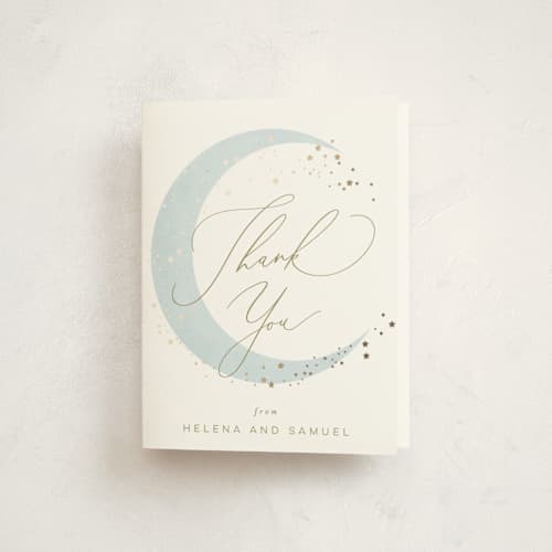This is a mist baby shower thank you cards with foil pressed by Everett Paper Goods called simple moon printing on strathmore in standard